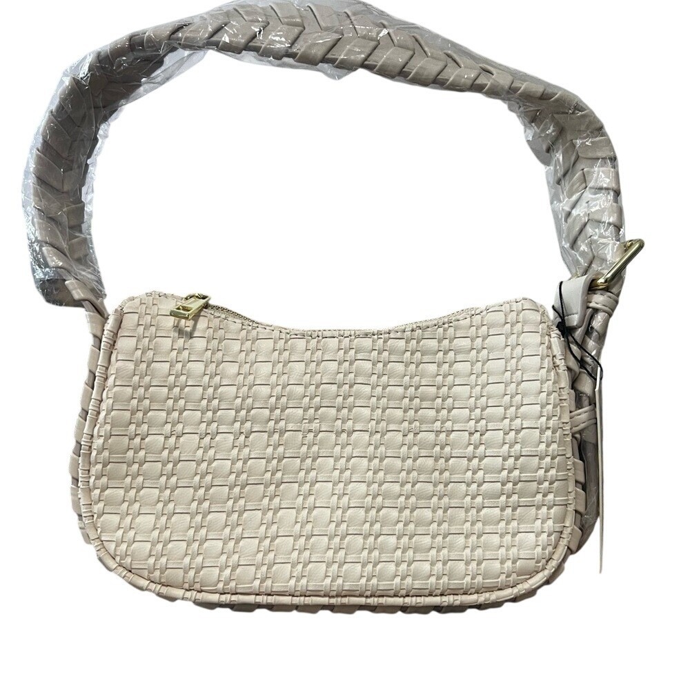 Jules Kae woven Vegan Leather Shoulder Bag Cream Baguette Braided Handle NEW